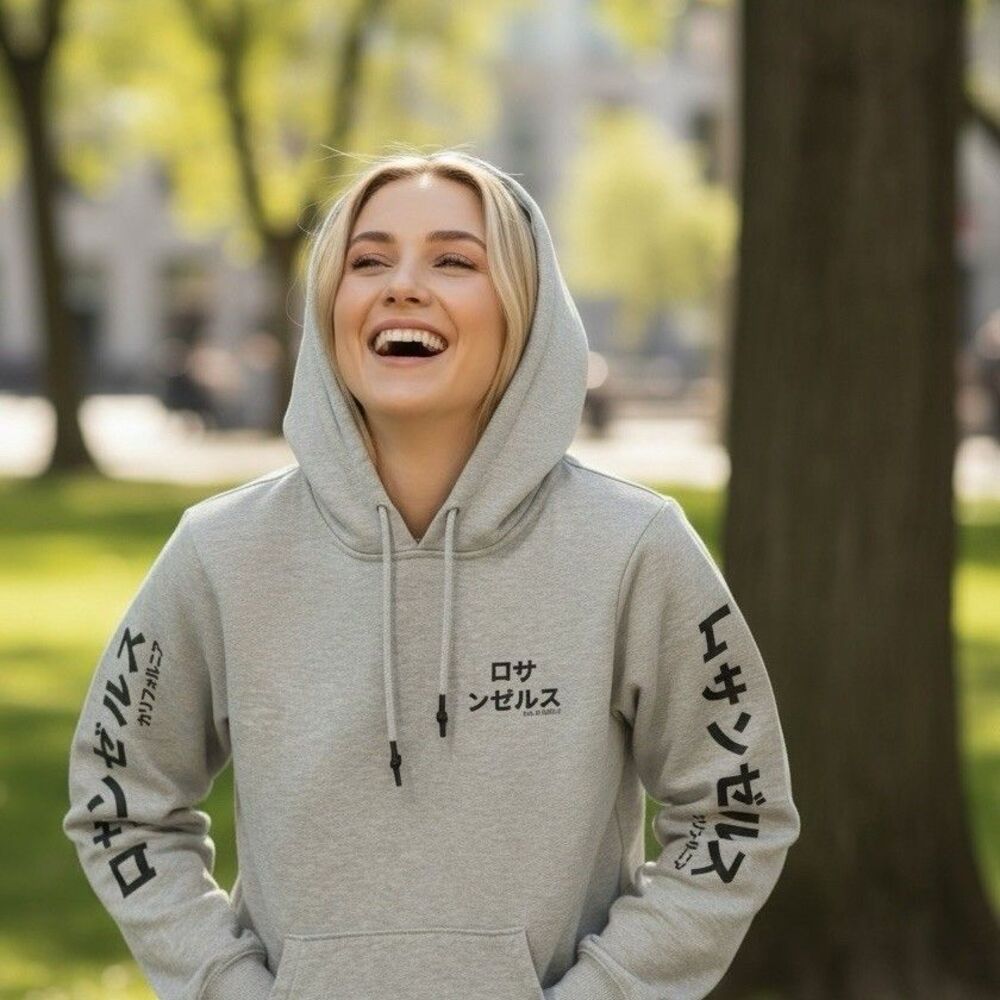 Among Equals Hoodie Womens Size S Heather Gray LA Los Angeles Japanese
